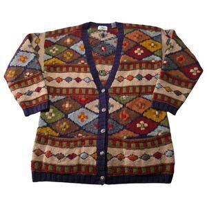 Vintage Marsh Landing Hand Knit Wool Cardigan Sweater Womens M Fair Isle Boho